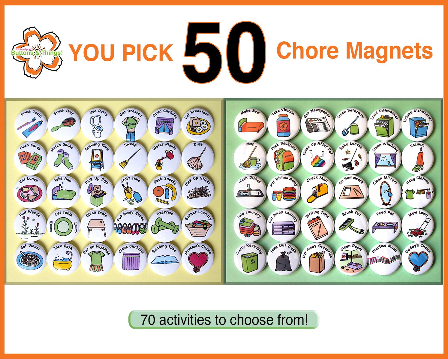 YOU PICK 50 Chore Magnets. 1" Kids Activities To To List. Round …