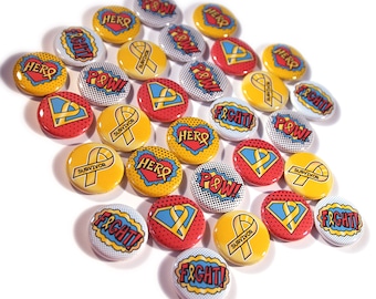 30 Childhood Cancer Superhero Pinback Buttons. Superheroes Comic Book Style. Awareness, Children's Support. 1" Mini Pins.