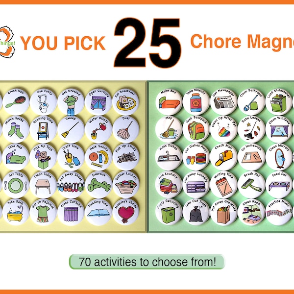 YOU PICK 25 Chore Magnets. 1" Kids Activities To To List. Round Refrigerator Buttons Badges Lot. You Choose Your Own Custom Set.