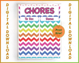 CHORE CHART, Printable. To Do List Chart. Rainbow Pink Chevrons. Instant Digital Download (L008)