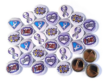 30 LAVENDER Ribbon Superhero Pins. All Cancer Awareness, Comic Book Style. Also Epilepsy, Rett Syndrome Support. 1" Mini Buttons v002c