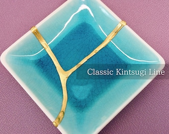Gold Kintsugi Branch on Aqua Ceramic Dish – GIFT-READY
