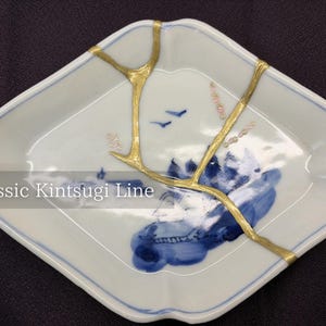 Kintsugi Blue and White Porcelain Unique Shape Plate - "Wave & Seagulls"