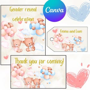 Bewerkbare set voor een gender reveal party – Welkomstposter, bedankkaartje en bedankkaartje – Canva-sjabloon – Babyshower voor hem of haar – Digitale download