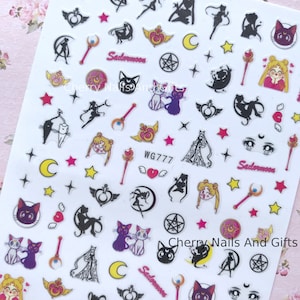 Kawaii nail sticker, Japanese anime characters decal, black silhouette, luna cat
