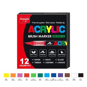 Puede incluir: Una caja negra de rotuladores acrílicos "GuangNa" con la palabra "ACRYLIC" en letras grandes y coloridas. La caja contiene 12 colores, incluyendo amarillo, naranja y rojo. Los rotuladores están diseñados para papel, roca y otras superficies.