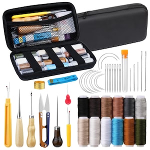 May include: A black zippered sewing kit with various tools and supplies. The kit includes spools of thread, needles, scissors, a thimble, a measuring tape, and other sewing essentials. The kit is designed for both beginners and experienced sewers.