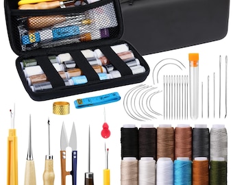 Kit de herramientas de costura para manualidades de cuero, 48/72 piezas, con hilo de tapicería, punzón, agujas y dedal para reparación y costura.