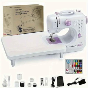 May include: A white SM-505A household electric sewing machine with a white extension table. The machine has purple accents and comes with accessories, including thread spools, scissors, and a foot pedal.