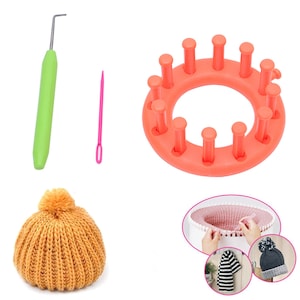 May include: A round coral knitting loom, a green handled metal hook tool, a pink plastic yarn needle, and a mustard yellow knit hat with a pom-pom. Circular insets show the loom in use, a striped scarf, and a gray knit hat with a pom-pom.