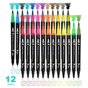 May include: A collection of 12 dual-tip coloured pens, each with a brush end. The pens display a spectrum of colours, such as green, blue, red, pink, orange, and yellow. The pens are black with white text: "Double head coloured pen".