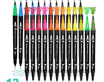 12本入りデュアルチップアートマーカーセット – 描画、着色クリエイティブプロジェクト用の細字＆ブラシペン