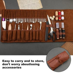May include: A brown leather craft tool roll, open to display various tools, including scissors, needles, and spools of thread. The text in the image reads: "Easy to carry and to store, don't worry about losing accessories."