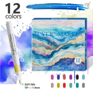 May include: A set of 12 acrylic paint markers with a soft pen tip, 1-4mm. The box features a blue and white abstract design with the words "ACYLIC MARKER" and "12 COLORS". A single marker is shown with the text "Acrylic Paint Marker".