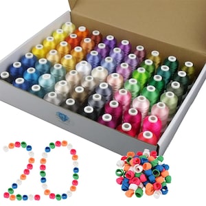 Könnte beinhalten: Eine Schachtel voller bunter Garnrollen in verschiedenen Farbtönen, darunter Gelb, Orange, Blau, Grün, Rosa und Lila. Die Zahl "20" wird mit kleinen, bunten Kunststoffringen geschrieben. Ein Haufen bunter Kunststoffringe ist ebenfalls sichtbar.