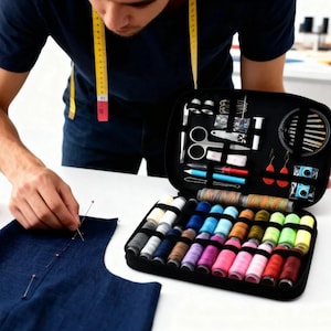 May include: A black sewing kit with various sewing tools and spools of thread. The kit includes scissors, needles, and a variety of colorful threads. A person is shown working with the sewing kit and a piece of blue fabric.