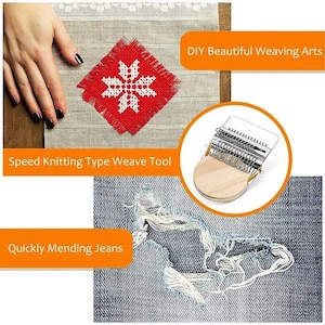 Może przedstawiać: Obraz przedstawia czerwony i biały wzór haftu krzyżykowego, metalowe i drewniane narzędzie do tkania oraz zbliżenie na podarte dżinsy. Tekst zawiera "DIY Beautiful Weaving Arts", "Speed Knitting Type Weave Tool" i "Quickly Mending Jeans".