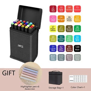 May include: A black case holding 24 coloured markers, with a range of hues visible. The image also shows a set of highlighter pens, a storage bag, and a colour chart. The text on the case reads '24PCS'.