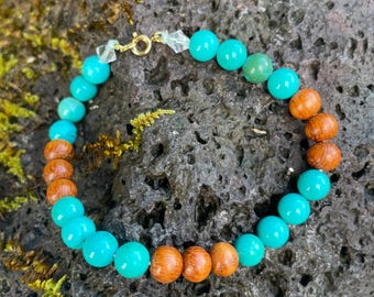 Tobillera de turquesa azul verdosa y madera de bayong