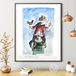 Yosl Bergner &quot;Niños con pájaro&quot; Edición Limitada Litografía coloreada a mano / Arte judío / Obra de arte original / Serigrafía firmada / Bellas Artes