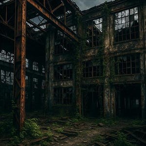 May include: An abandoned industrial building with broken windows and overgrown vegetation. The structure is made of weathered concrete and rusted metal beams, creating a dark and decaying atmosphere. The image evokes a sense of desolation and the passage of time.