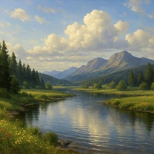 Mountain Valley Landscape Digital Painting - A serene landscape depicting the natural beauty of a valley in springtime