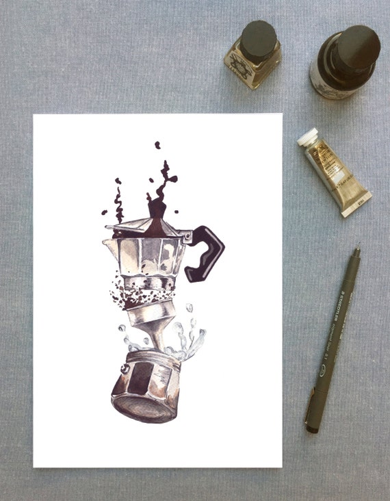 But First Coffee Watercolour Print Of A Moka Pot But First Coffee Watercolour Print Of A Moka Pot