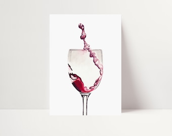 May include: A watercolor illustration of a clear stemmed wine glass containing a splash of deep red wine. The liquid is depicted in motion, swirling up the sides of the glass and forming a distinct, elongated droplet shape above the rim.