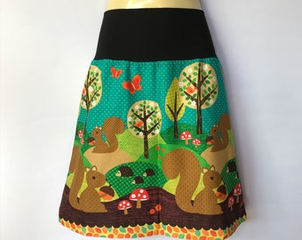 Ladies A Line Skirt - sizes 8 - 24 retro woodland, forrest, squirrel