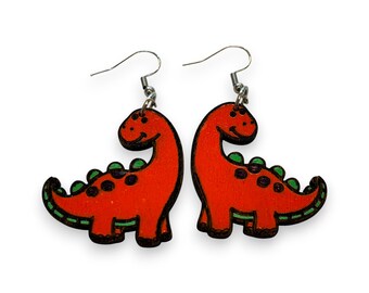 Boucles d'oreilles dinosaures en bois - découpées au laser, peintes à la main, fils d'acier chirurgical, pendant, goutte