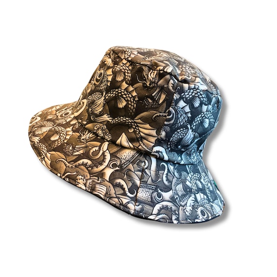 Printed Teenage Mens Reversible Bucket Hat Sea Monster, Surf