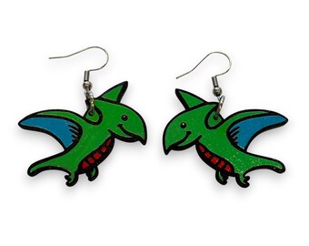 Boucles d'oreilles dinosaures en bois - découpées au laser, peintes à la main, fils d'acier chirurgical, pendant, goutte
