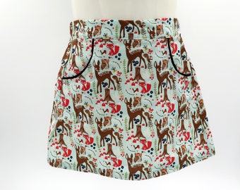 Girls aline skirt with pockets - sizes 1 to 8 - woodland deer