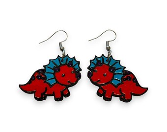 Boucles d'oreilles dinosaures en bois - découpées au laser, peintes à la main, fils d'acier chirurgical, pendant, goutte