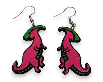 Boucles d'oreilles dinosaures en bois - découpées au laser, peintes à la main, fils d'acier chirurgical, pendant, goutte
