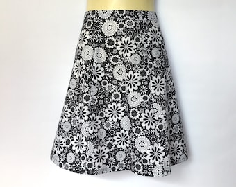 Ladies A Line Skirt - black floral - sizes 8 - 18 avail, retro, flowers