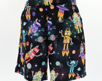 Kids shorts with pockets - sizes 000 to 6 - space robots - unisex baby, toddler, kids