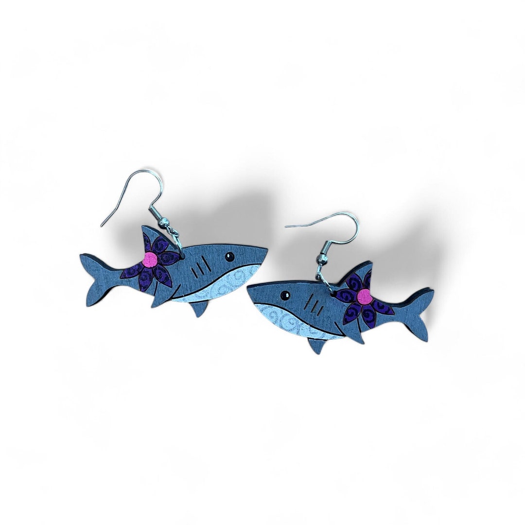 Hand-painted Wooden Shark Dangle Earrings - Australian Souvenir - Etsy