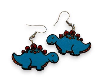 Boucles d'oreilles dinosaures en bois - découpées au laser, peintes à la main, fils d'acier chirurgical, pendant, goutte