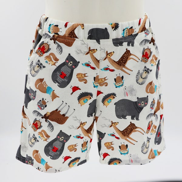 Kids shorts with pockets - sizes 000 to 6 - woodland animals, bears - unisex baby, toddler, kids