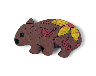 Australische dierenbroche/speld - Wombat - houten, handgeschilderd, hangoorbellen, Australiana, Aussie-souvenir