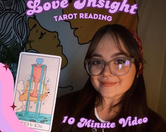May include: A tarot card featuring the Ace of Cups illustration, showing a hand holding a chalice with water flowing out. The text Love Insight Tarot Reading and 10 Minute Video is overlaid on the image in a purple, rounded font style.