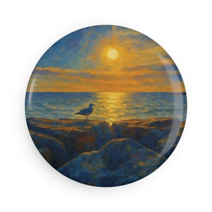 Round Coastal Sunset Magnet, Seagull Art, Ocean Decor, Beach House Gift, Nautical Home Accent, Coastal Vibes