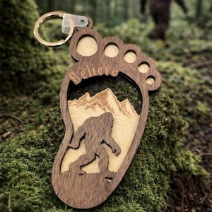 Sasquatch Footprint Keychain, 2 Layer Walnut Wood Bigfoot Keychain, Rustic Cryptid Gift