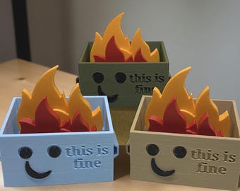 Juguete de escritorio con contenedor de basura impreso en 3D: figura con meme "This Is Fine" (Esto está bien), magnético, bonito, decoración de oficina, regalo divertido, contenedor con cara sonriente.