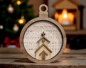 Church Hymn Christmas Ornament, Round Layered Wood Church Silhouette, Laser Engraved Basswood & Walnut Religious Holiday Décor, Xmas Gifts