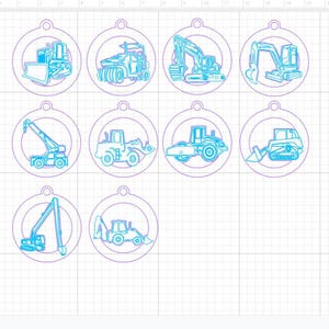 May include: A collection of ten construction vehicle ornaments. Each ornament features a different vehicle design, including a bulldozer, excavator, and crane, outlined in blue and purple. The ornaments are circular with a small hole at the top for hanging.