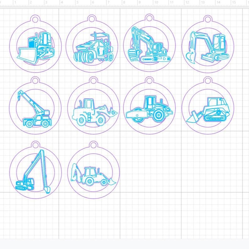 May include: A collection of ten construction vehicle ornaments. Each ornament features a different vehicle design, including a bulldozer, excavator, and crane, outlined in blue and purple. The ornaments are circular with a small hole at the top for hanging.