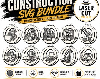 Construction Vehicle SVG Bundle | Bulldozer Excavator Loader Crane Dump Truck Ornament Files | Laser Cut CNC SVG