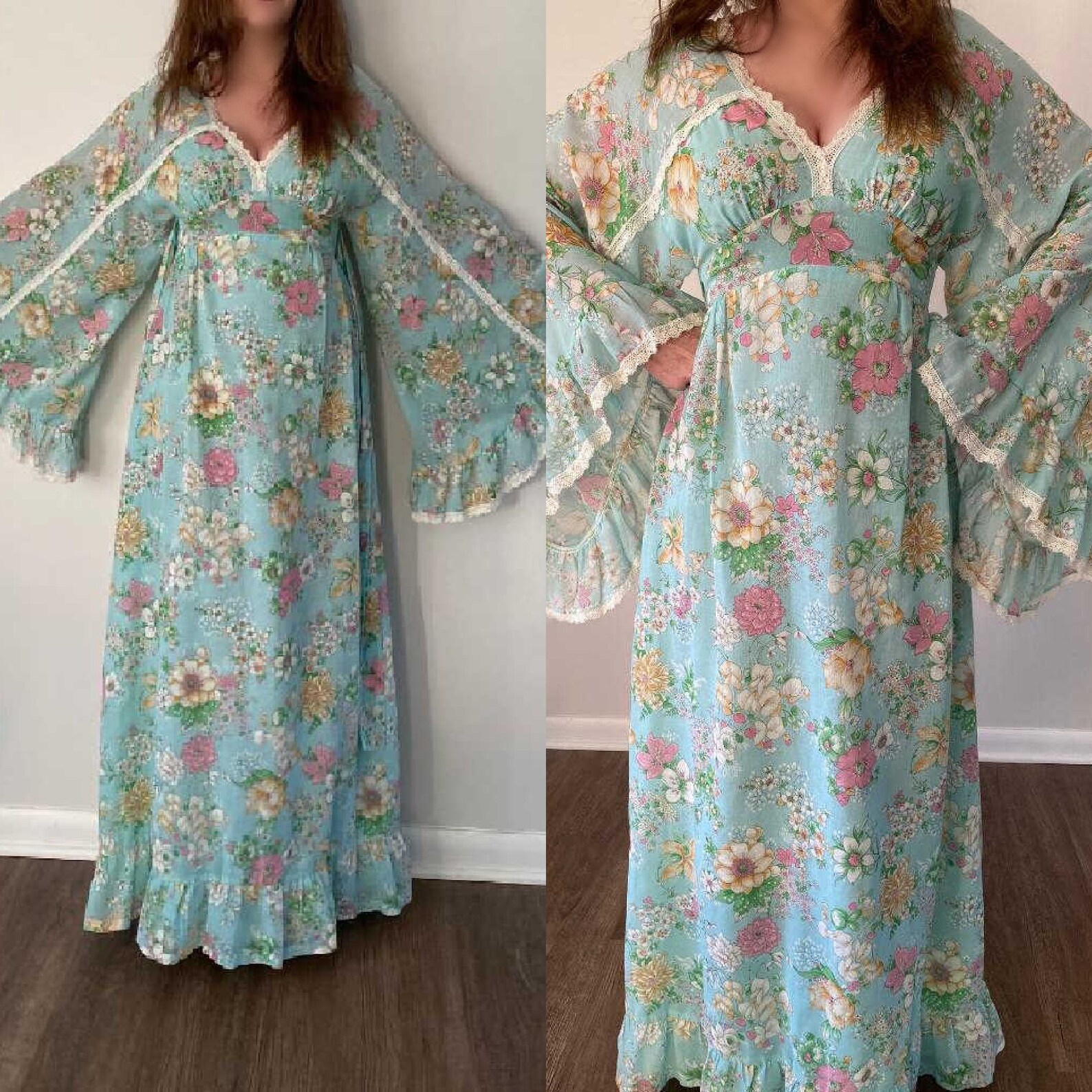 XS S Vtg 60s 70s Blue FLORAL Lace Deep V Angel Bell Sleeve Goddess Boho ...